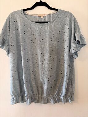 Rewind Pale Blue Eyelet Ruffle Sleeve Top